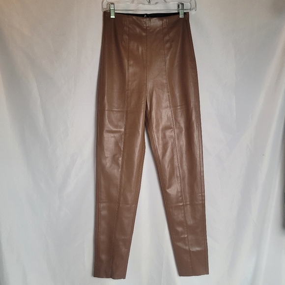 Zara Faux Vegan Leather High Rise Chocolate Brown Leggings Women's Size Small - Picture 1 of 9
